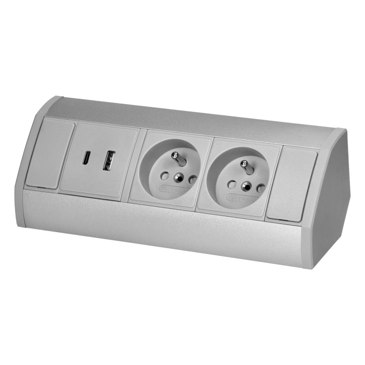 Gniazdo meblowe 2x2P+Z, 2xUSB (typ A+C; 2,4A), szaro-srebrne OR-GM-9039/G ORNO