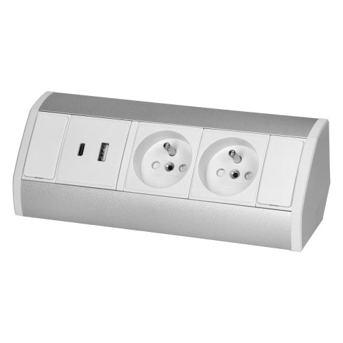 Gniazdo meblowe 2x2P+Z, 2xUSB (typ A+C; 2,4A), biało-srebrne OR-GM-9039/W-G ORNO