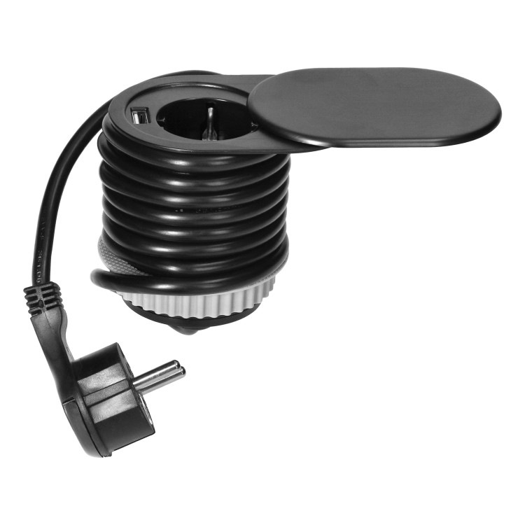 Gniazdo meblowe O6cm, wpuszczane w blat z przesuwną pokrywką, ładowarką USB i przewodem 1,9m, 1x2P+Z (Schuko), 1xUSB (typ A, 2,4A), 3x1,5mm2, czarne OR-AE-13124(GS)/B ORNO