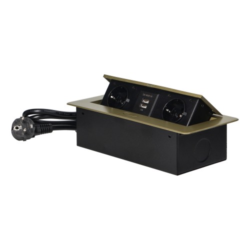 Gniazdo meblowe wpuszczane w blat z płaskim frezowanym rantem, ładowarką USB i przewodem 1,5m, 2x2P+Z (Schuko), 2xUSB (typ A, 2,1A), mosiądz OR-AE-13126(GS)/BR ORNO