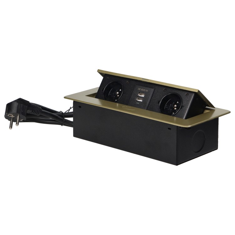 Gniazdo meblowe wpuszczane w blat z płaskim frezowanym rantem, ładowarką USB i przewodem 1,5m, 2x2P+Z, 2xUSB (typ A, 2,1A), mosiądz OR-AE-13126/BR ORNO