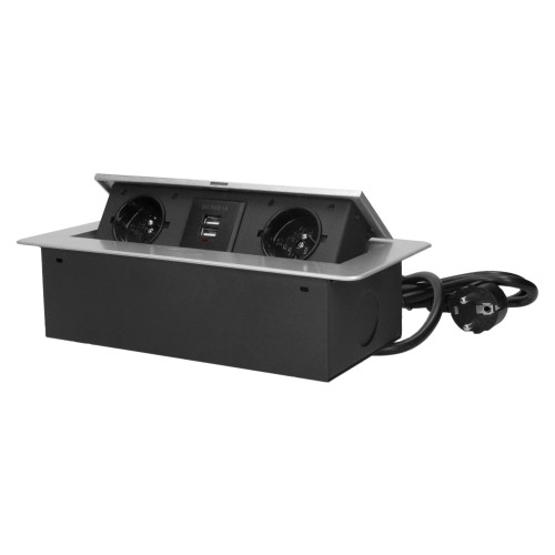 Gniazdo meblowe wpuszczane w blat z płaskim frezowanym rantem, ładowarką USB i przewodem 3m, 2x2P+Z, 2xUSB (typ A, 2,1A), srebrne OR-AE-13126/G/3M ORNO