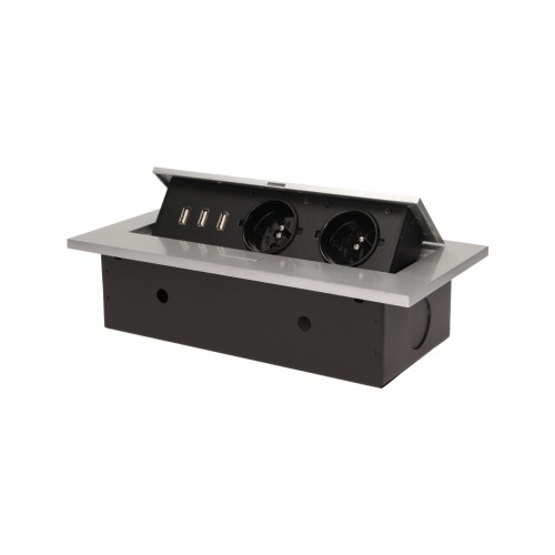 Gniazdo meblowe wpuszczane w blat z grubym rantem, 2x2P+Z, 3 porty USB, srebrne OR-AE-1324/G ORNO