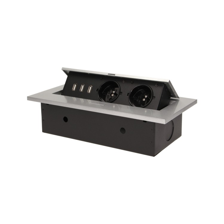 Gniazdo meblowe wpuszczane w blat z grubym rantem, 2x2P+Z, 3 porty USB, srebrne OR-AE-1324/G ORNO