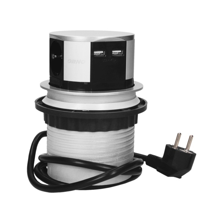 Gniazdo meblowe O10cm wysuwane z blatu z ładowarką USB i przewodem 1,5m, 3x2P+Z (Schuko), 2xUSB (typ A, 2,1A) OR-AE-1342(GS) ORNO