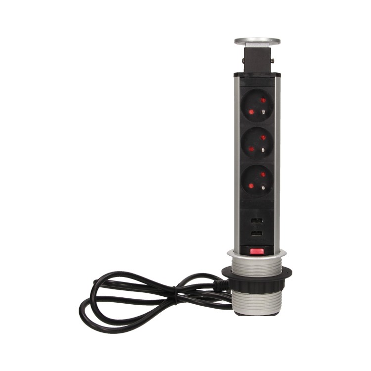Gniazdo meblowe O6cm wysuwane z blatu z ładowarką USB, blokadą i przewodem 1,8m, 3x2P+Z, 2xUSB (typ A, 2,1A) OR-AE-1349 ORNO