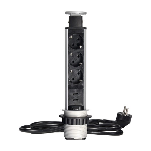 Gniazdo meblowe O6cm wysuwane z blatu z ładowarką USB, blokadą i przewodem 1,8m, 3x2P+Z (Schuko), 2xUSB (typ A, 2,1A) OR-AE-1349(GS) ORNO