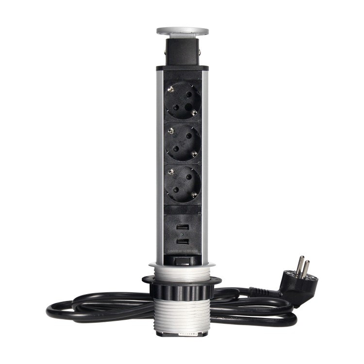 Gniazdo meblowe O6cm wysuwane z blatu z ładowarką USB, blokadą i przewodem 1,8m, 3x2P+Z (Schuko), 2xUSB (typ A, 2,1A) OR-AE-1349(GS) ORNO