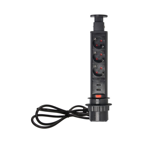 Gniazdo meblowe O6cm wysuwane z blatu z ładowarką USB, blokadą i przewodem 1,8m, 3x2P+Z (Schuko), 2xUSB (typ A, 2,1A), czarne OR-AE-1349(GS)/B ORNO