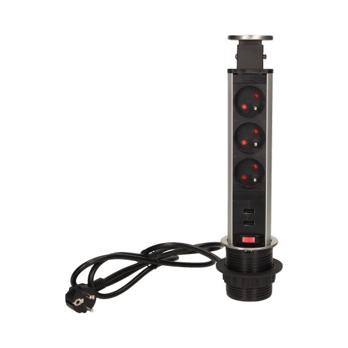 Gniazdo meblowe O6cm wysuwane z blatu z ładowarką USB, blokadą i przewodem 1,8m, 3x2P+Z, 2xUSB (typ A, 2,1A), INOX OR-AE-1350 ORNO
