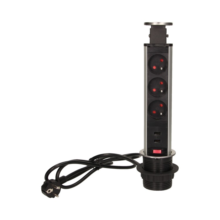 Gniazdo meblowe O6cm wysuwane z blatu z ładowarką USB, blokadą i przewodem 1,8m, 3x2P+Z, 2xUSB (typ A, 2,1A), INOX OR-AE-1350 ORNO