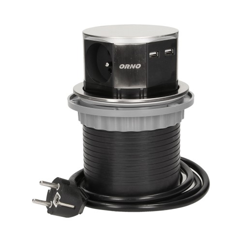 Gniazdo meblowe O10cm wysuwane z blatu z ładowarką USB i przewodem 1,5m, 3x2P+Z, 2xUSB (typ A, 2,1A), INOX OR-AE-1381 ORNO