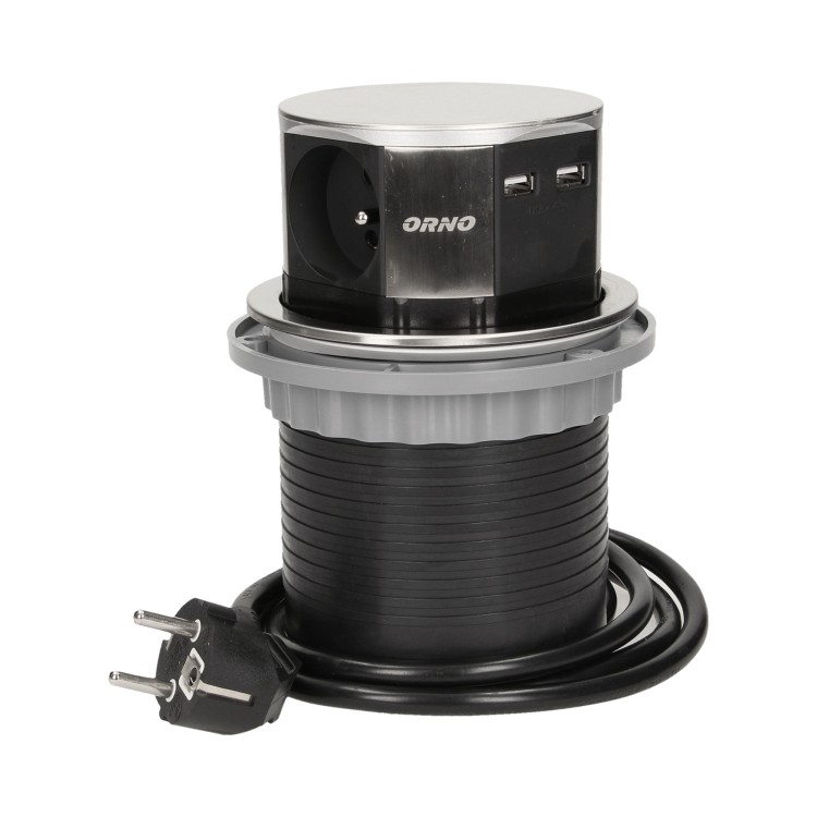 Gniazdo meblowe O10cm wysuwane z blatu z ładowarką USB i przewodem 1,5m, 3x2P+Z, 2xUSB (typ A, 2,1A), INOX OR-AE-1381 ORNO