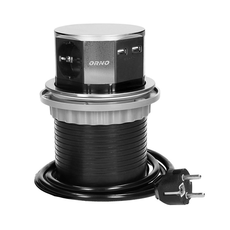 Gniazdo meblowe O10cm wysuwane z blatu z ładowarką USB i przewodem 1,5m, 3x2P+Z (Schuko), 2xUSB (typ A, 2,1A), INOX OR-AE-1381(GS) ORNO