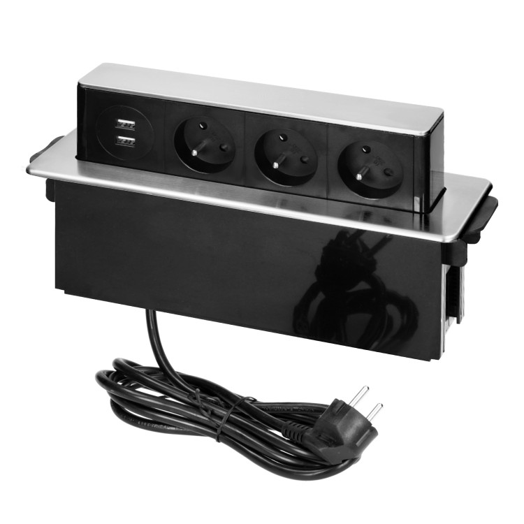 Gniazdo meblowe wysuwane z blatu z płaskim frezowanym rantem, ładowarką USB i przewodem 2m, 3x2P+Z, 2 x USB (typ A, 2,4A), 3x1,5mm2, czarno-srebrne, INOX OR-GM-9009/B-G ORNO