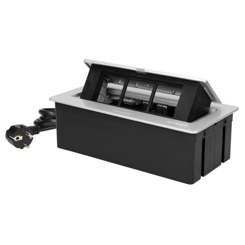 NOEN Kaseta meblowa wpuszczana w blat ze zintegrowaną ramką PCV na gniazda modułowe 3 x 45x45mm lub 6 x 22,5x45mm, przewód 1,5m, srebrne OR-GM-9010/G ORNO