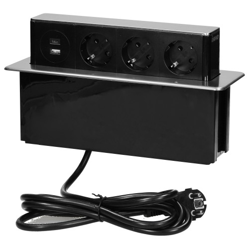 Gniazdo meblowe wysuwane z blatu z płaskim frezowanym rantem, ładowarką USB i przewodem 2m, 3x2P+Z (Schuko), 2 x USB (Typ A + C 3,1A), 3x1,5mm2, czarno-srebrne, INOX OR-GM-9014(GS)/B-G ORNO
