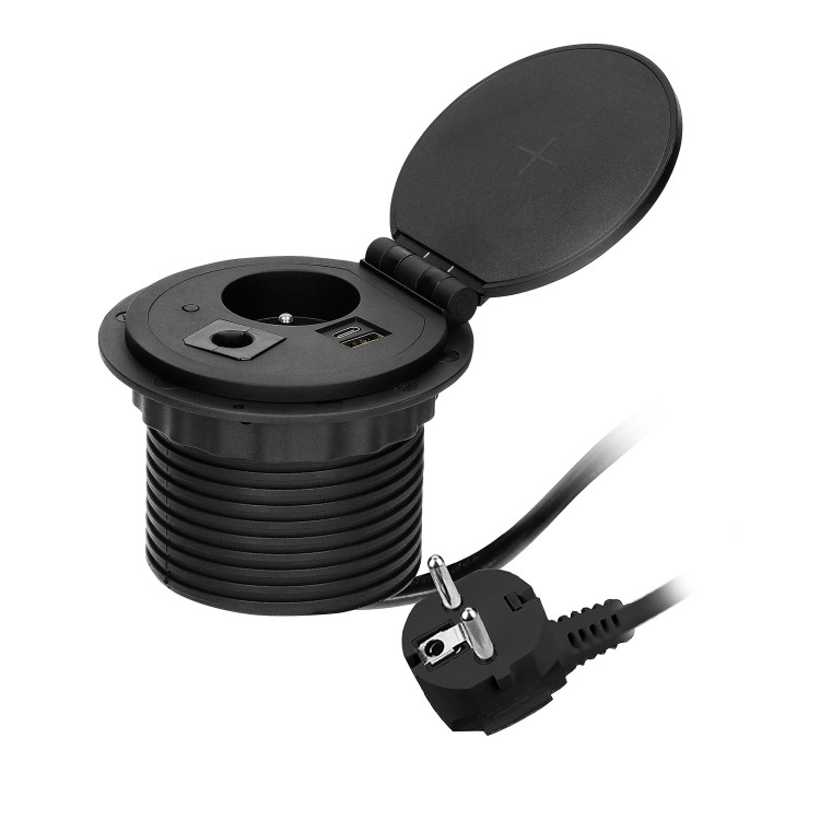 Gniazdo meblowe O8cm wpuszczane w blat z ładowarką indukcyjną, ładowarką USB z 2 gniazdami A i C, przelotką kablową i przewodem 1,8m, 1x2P+Z, 2xUSB (typ A + C, 2,4A), czarne OR-GM-9015/B ORNO