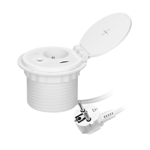 Gniazdo meblowe O8cm wpuszczane w blat z ładowarką indukcyjną, ładowarką USB z 2 gniazdami A i C, przelotką kablową i przewodem 1,8m, 1x2P+Z, 2xUSB (typ A + C, 2,4A), białe OR-GM-9015/W ORNO