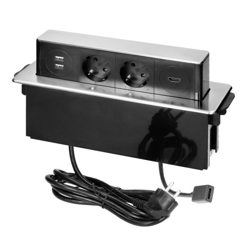 Gniazdo meblowe wysuwane z blatu z płaskim frezowanym rantem, ładowarką USB i przewodem 2m, 2x2P+Z (Schuko), 2 x USB (Typ A, 2,4A), HDMI, 3x1,5mm2, czarno-srebrne, INOX OR-GM-9016(GS)/B-G ORNO