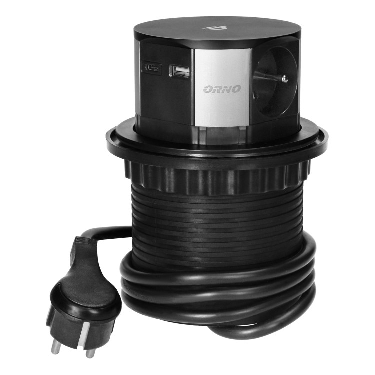Gniazdo meblowe O10cm wysuwane z blatu z ładowarką indukcyjną, ładowarką USB i przewodem 1,5m, 3x2P+Z, Qi 1.2.4 max. 10W, USB A+C QC 3.0 OR-GM-9017 ORNO