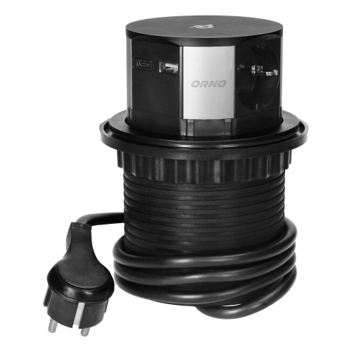 Gniazdo meblowe O10cm wysuwane z blatu z ładowarką indukcyjną, ładowarką USB i przewodem 1,5m, 3x2P+Z (Schuko), Qi 1.2.4 max. 10W, USB A+C QC 3.0 OR-GM-9017(GS) ORNO