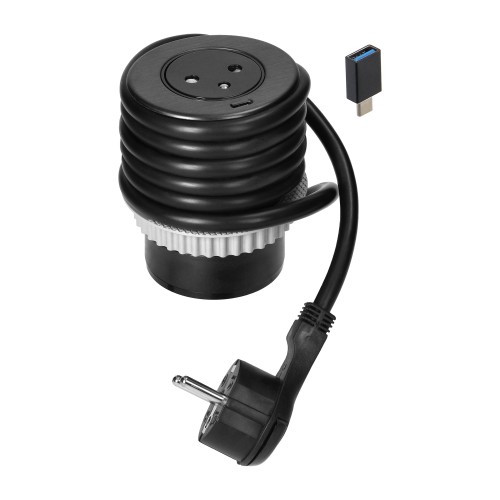 Gniazdo meblowe O6cm wpuszane w blat z ładowarką USB z gniazdem typu C i przejściówką USB C-A oraz z przewodem 1,5m. 1x2P+Z z systemem EasyEject, 1xUSB QC 3.0, czarne OR-GM-9018 ORNO