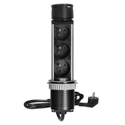 Gniazdo meblowe O6cm wysuwane z blatu z ładowarką USB i przewodem 1,5m, 3x2P+Z, 2xUSB (typ A i typ C, 2,4A), INOX OR-GM-9027 ORNO