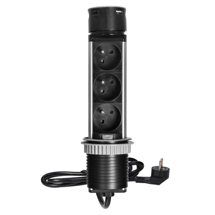 Gniazdo meblowe O6cm wysuwane z blatu z ładowarką USB i przewodem 1,5m, 3x2P+Z, 2xUSB (typ A i typ C, 2,4A), INOX OR-GM-9027 ORNO