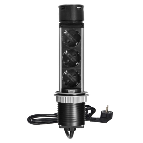Gniazdo meblowe O6cm wysuwane z blatu z ładowarką USB i przewodem 1,5m, 3x2P+Z (Schuko), 2xUSB (typ A i typ C, 2,4A), INOX OR-GM-9027(GS) ORNO