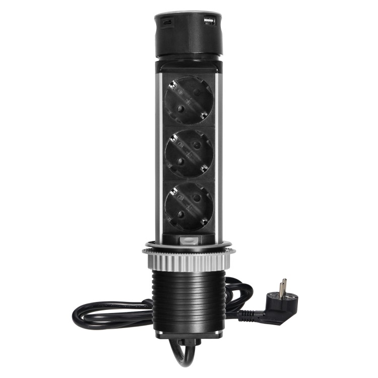 Gniazdo meblowe O6cm wysuwane z blatu z ładowarką USB i przewodem 1,5m, 3x2P+Z (Schuko), 2xUSB (typ A i typ C, 2,4A), INOX OR-GM-9027(GS) ORNO