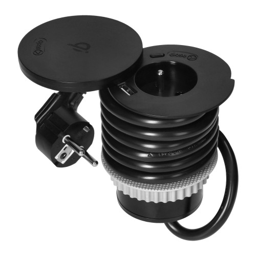 Gniazdo meblowe O6cm z rotacyjną pokrywą, ładowarką indukcyjną, ładowarką USB i przewodem 1,5m, 1x2P+Z, Qi 1.2.4 max. 10W, 2xUSB (typ A i typ C, 2,4A), czarne OR-GM-9028 ORNO