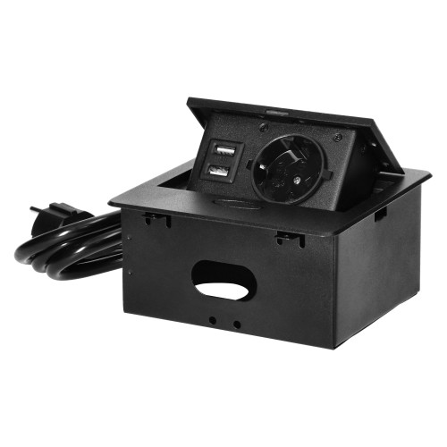 Gniazdo meblowe wpuszczane w blat z płaskim frezowanym rantem, ładowarką USB i przewodem 1,5m, 1x2P+Z (Schuko), 2xUSB (typ A, 2,1A), czarny OR-GM-9029(GS)/B ORNO