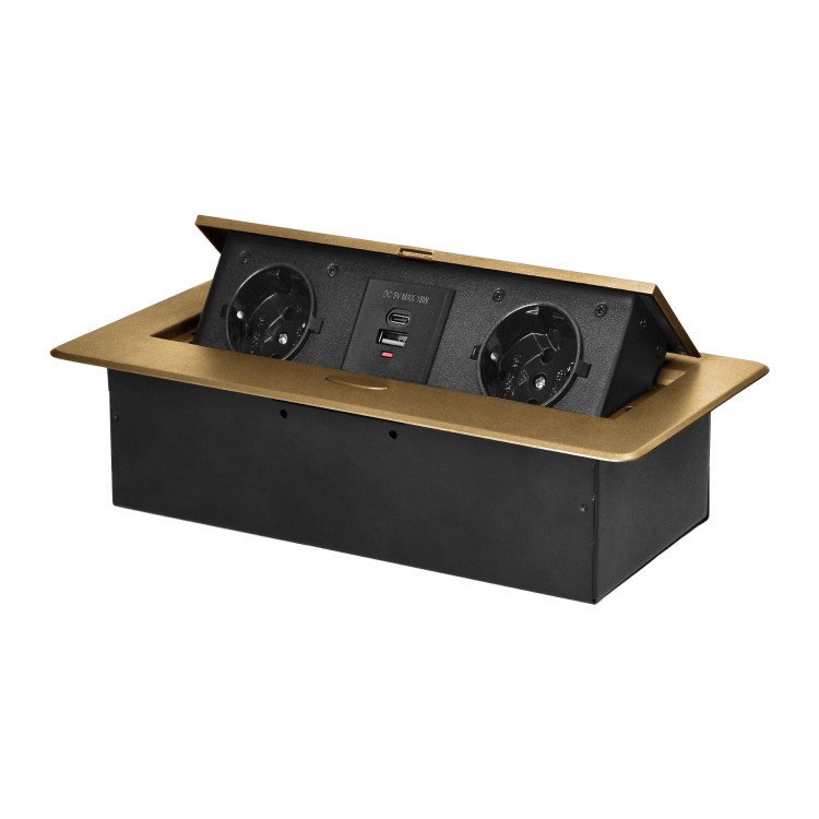 Gniazdo meblowe wpuszczane w blat z płaskim frezowanym rantem i ładowarką USB, 2x2P+Z (Schuko),2xUSB (typ A+C; 3,6A), złote OR-GM-9034(GS)/C ORNO