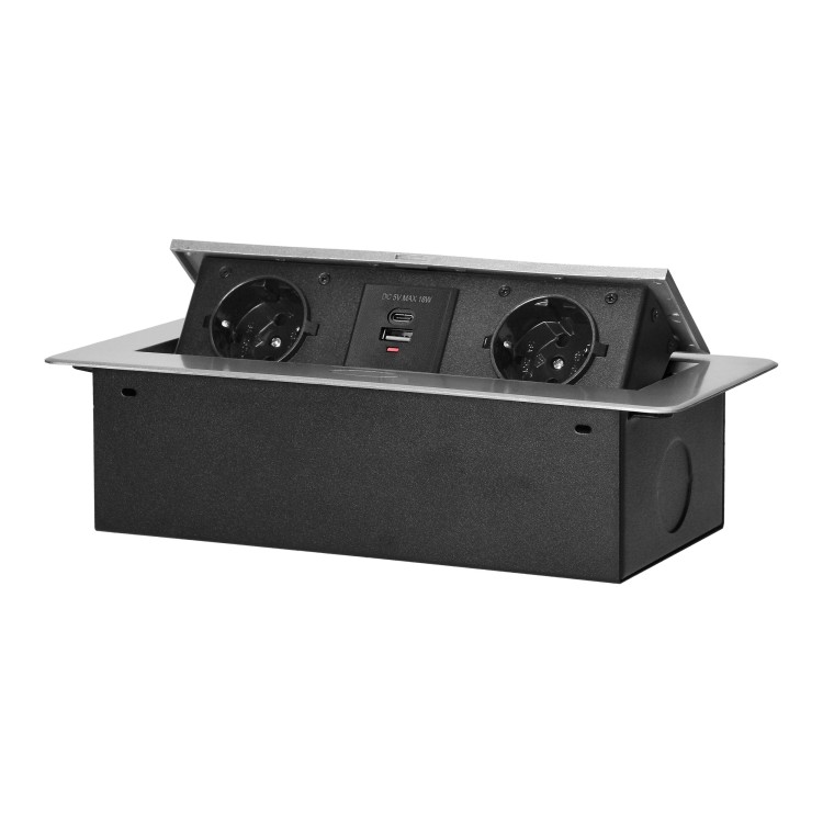 Gniazdo meblowe wpuszczane w blat z płaskim frezowanym rantem i ładowarką USB, 2x2P+Z (Schuko),2x USB (typ A+C; 3,6A), srebrne OR-GM-9034(GS)/G ORNO