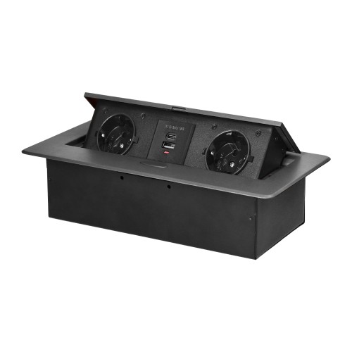 Gniazdo meblowe wpuszczane w blat z płaskim frezowanym rantem i ładowarką USB, 2x2P+Z (Schuko),2xUSB (typ A+C; 3,6A), grafitowe OR-GM-9034(GS)/GR ORNO
