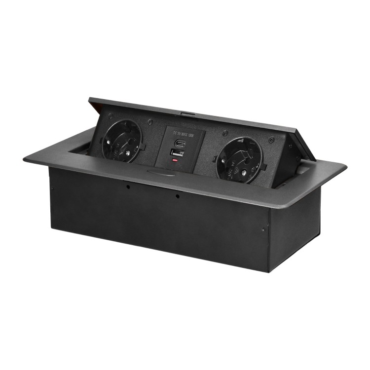 Gniazdo meblowe wpuszczane w blat z płaskim frezowanym rantem i ładowarką USB, 2x2P+Z (Schuko),2xUSB (typ A+C; 3,6A), grafitowe OR-GM-9034(GS)/GR ORNO