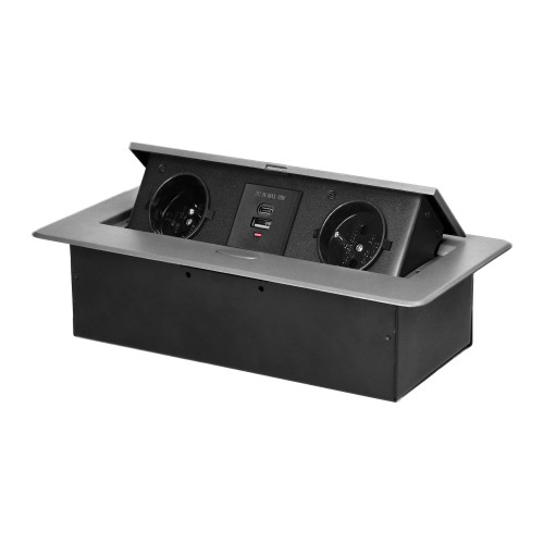 Gniazdo meblowe wpuszczane w blat z płaskim frezowanym rantem i ładowarką USB, 2x2P+Z, 2xUSB (typ A+C; 3,6A), srebrne OR-GM-9034/G ORNO