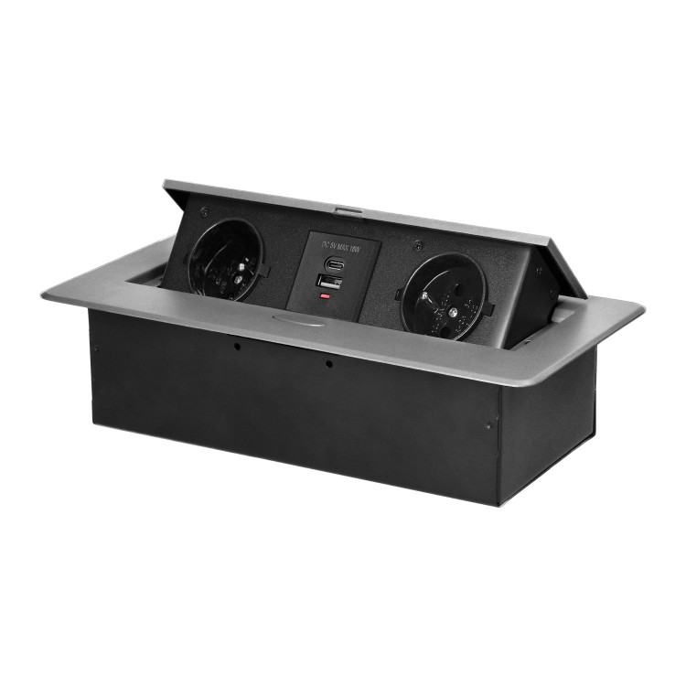 Gniazdo meblowe wpuszczane w blat z płaskim frezowanym rantem i ładowarką USB, 2x2P+Z, 2xUSB (typ A+C; 3,6A), srebrne OR-GM-9034/G ORNO
