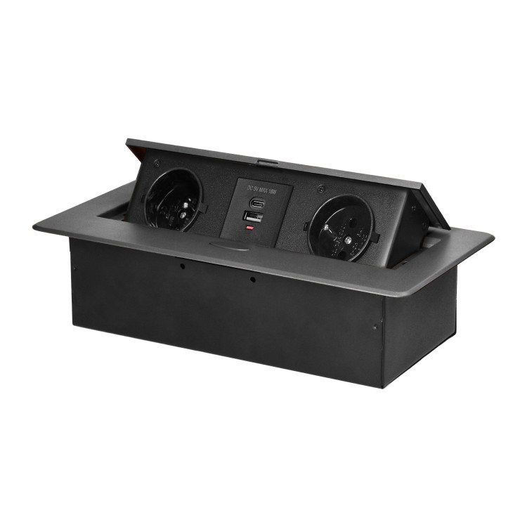 Gniazdo meblowe wpuszczane w blat z płaskim frezowanym rantem i ładowarką USB, 2x2P+Z, 2xUSB (typ A+C; 3,6A), grafitowe OR-GM-9034/GR ORNO