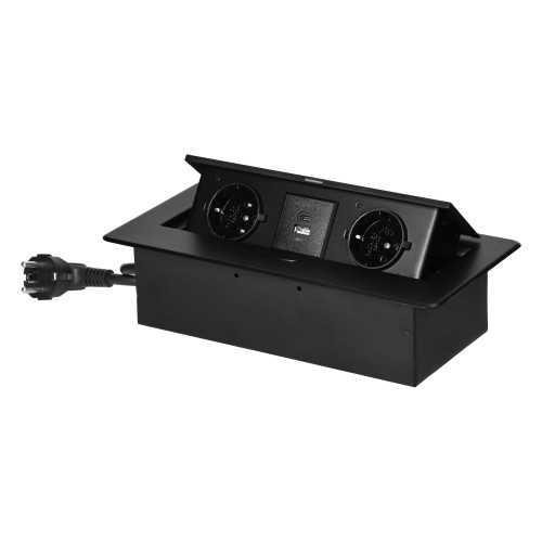 Gniazdo meblowe wpuszczane w blat z płaskim frezowanym rantem, ładowarką USB i przewodem 1,5m, 2x2P+Z (Schuko), 2xUSB (typ A+C; 3,6A), czarne OR-GM-9035(GS)/B ORNO