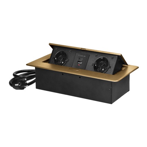 Gniazdo meblowe wpuszczane w blat z płaskim frezowanym rantem, ładowarką USB i przewodem 1,5m, 2x2P+Z (Schuko), 2xUSB (typ A+C;3,6A), złote OR-GM-9035(GS)/C ORNO