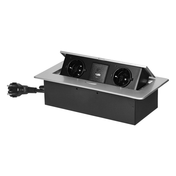 Gniazdo meblowe wpuszczane w blat z płaskim frezowanym rantem, ładowarką USB i przewodem 1,5m, 2x2P+Z (Schuko), 2xUSB (typ A+C;3,6A), srebrne OR-GM-9035(GS)/G ORNO