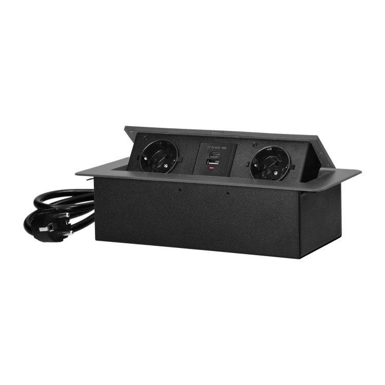 Gniazdo meblowe wpuszczane w blat z płaskim frezowanym rantem, ładowarką USB i przewodem 1,5m, 2x2P+Z (Schuko), 2xUSB (typ A+C; 3,6A), grafitowe OR-GM-9035(GS)/GR ORNO