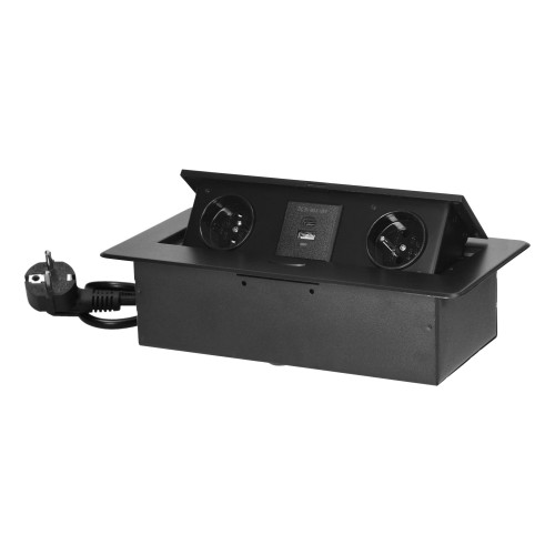 Gniazda meblowe wpuszczane w blat z płaskim frezowanym rantem, ładowarką USB i przewodem 1,5m, 2x2P+Z, 2xUSB (typ A+C; 3,6A), czarne OR-GM-9035/B ORNO