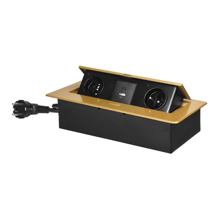 Gniazda meblowe wpuszczane w blat z płaskim frezowanym rantem, ładowarką USB i przewodem 1,5m, 2x2P+Z, 2xUSB (typ A+C; 3,6A), złote OR-GM-9035/C ORNO