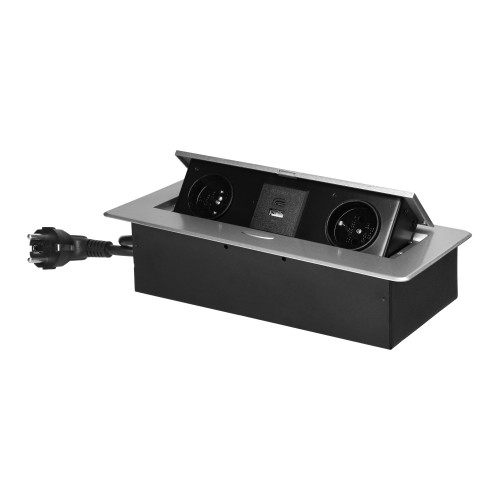 Gniazda meblowe wpuszczane w blat z płaskim frezowanym rantem, ładowarką USB i przewodem 1,5m, 2x2P+Z, 2xUSB (typ A+C; 3,6A), srebrne OR-GM-9035/G ORNO