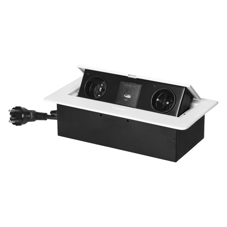 Gniazda meblowe wpuszczane w blat z płaskim frezowanym rantem, ładowarką USB i przewodem 1,5m, 2x2P+Z, 2xUSB (typ A+C; 3,6A), białe OR-GM-9035/W ORNO