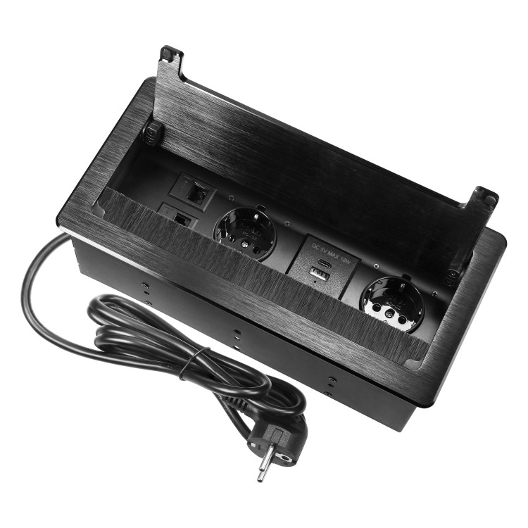 Gniazdo meblowe wpuszczane w blat z płaskim frezowanym rantem, szczotką przeciwkurzową i przewodem 1,5m, 2x2P+Z (Schuko), 2xUSB (typ A+C; 3,6A), 2xNET, czarne OR-GM-9041(GS)/B ORNO