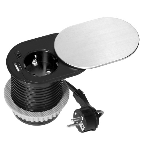 Gniazdo meblowe O6cm, wpuszczane w blat z przesuwną pokrywką, ładowarką USB i przewodem 1,9m, 1x2P+Z (Schuko), 1xUSB (typ A+C; PD20W), srebrne OR-GM-9042(GS)/G ORNO